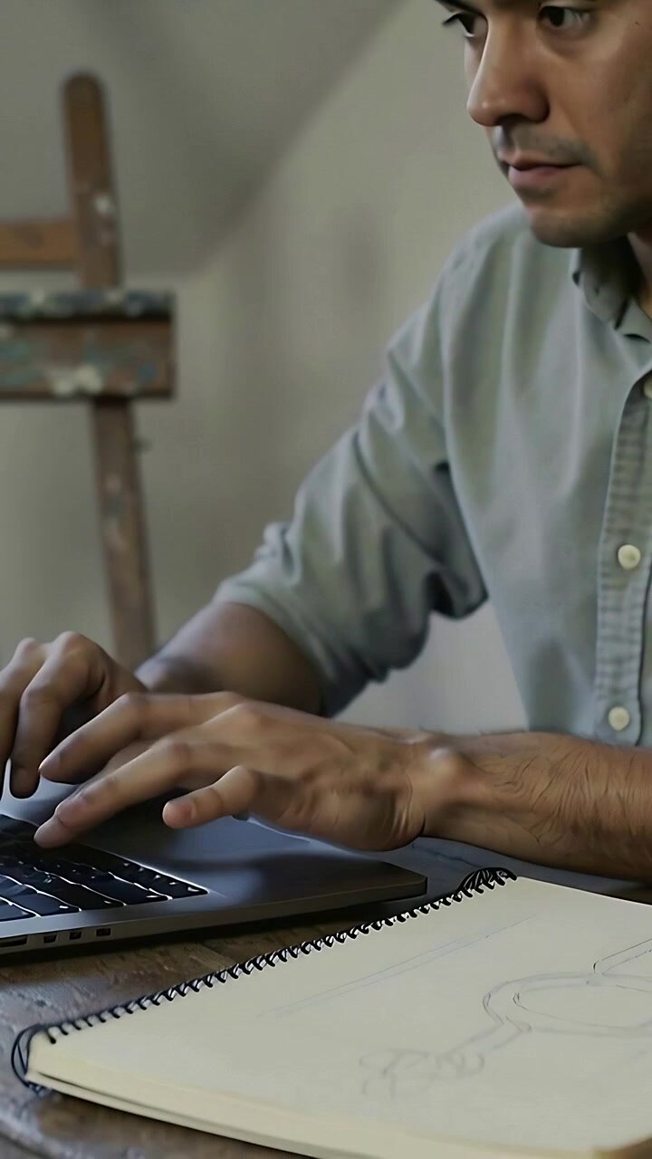 Vertical video: Shot panning typing man in rolled sleeves in studio digitizing sketchbook on laptop