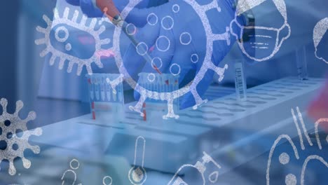 animación de iconos de pandemia sobre el científico con tubos de ensayo