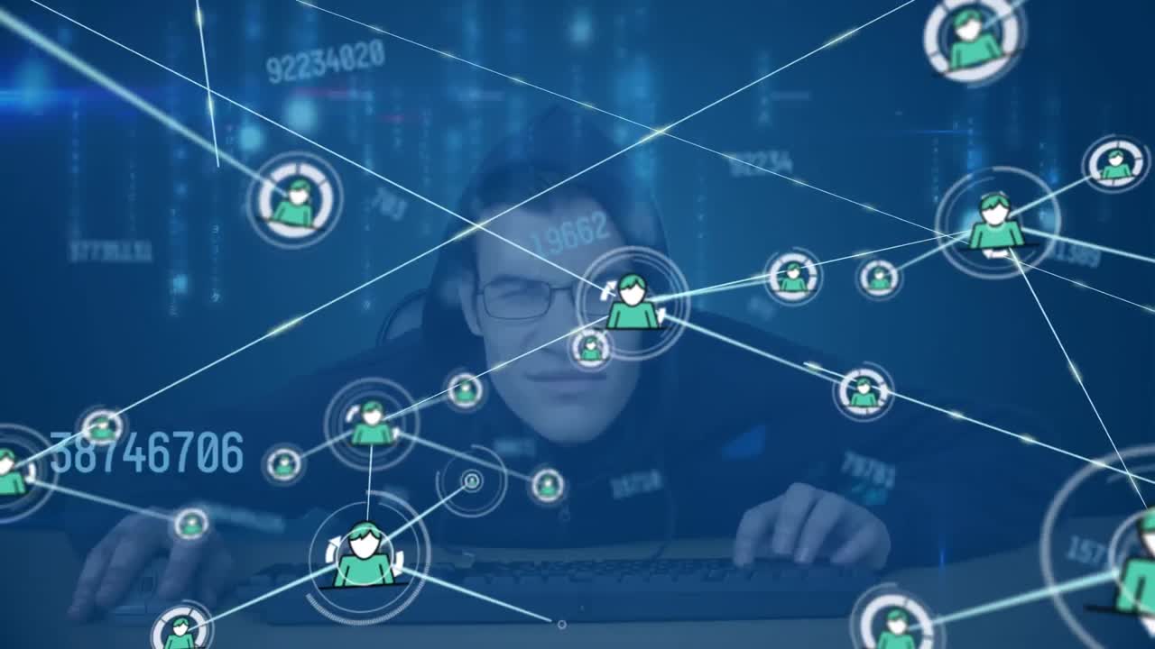 Network of profile icons and multiple changing numbers against male hacker using laptop