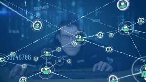 red de iconos de perfil y múltiples números cambiantes contra un hacker masculino que usa una computadora portátil