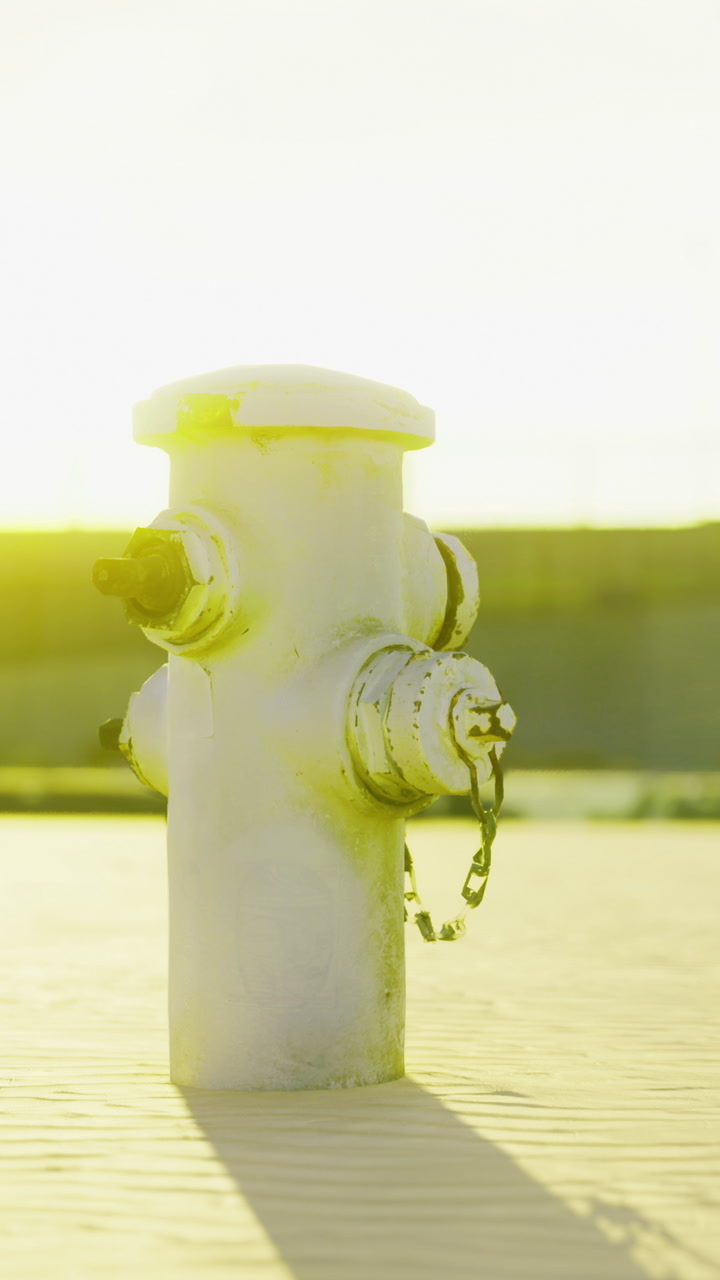 Urban fire hydrant glows in the warm sunlight at sunset near a sandy street