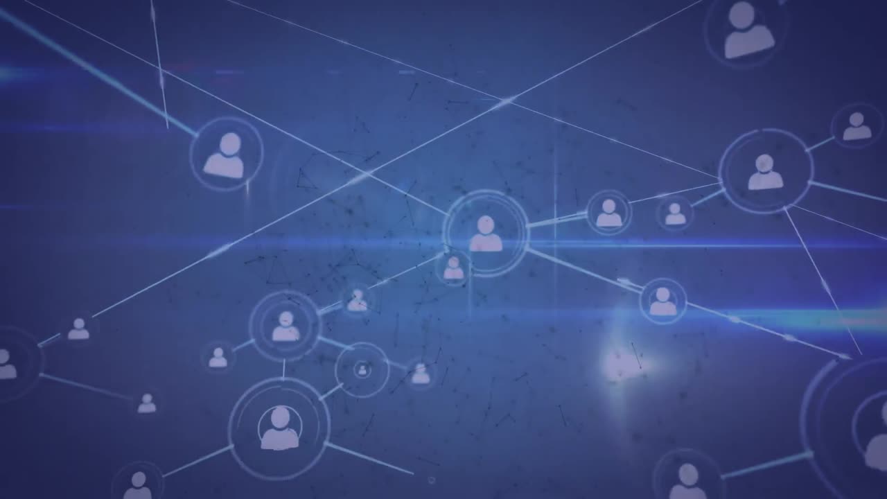 Animation of networks of connections with icons on blue background