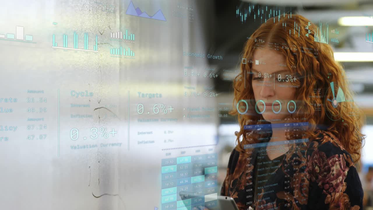 animación de datos financieros con iconos sobre una mujer de negocios caucásica en el cargo.