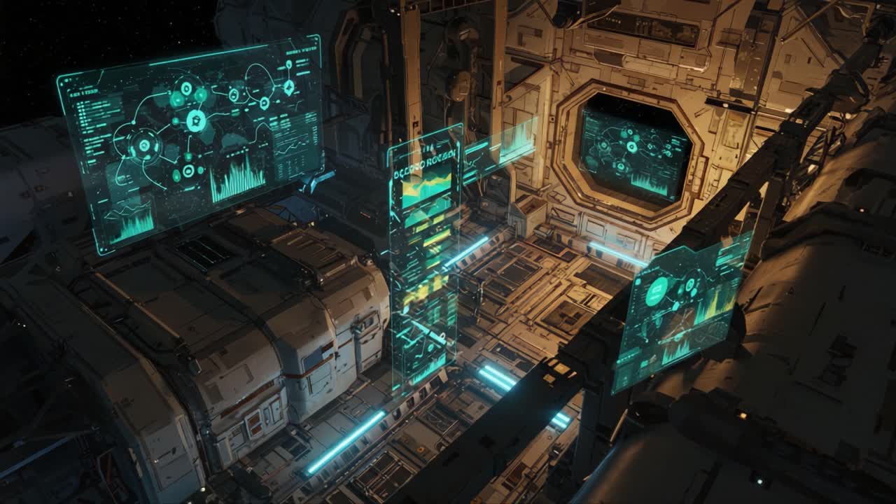Futuristic Space Station Interior Displays High-Tech Command Center with Interactive Holograms and Complex Data Visualizations in a Stunning Sci-Fi Environment