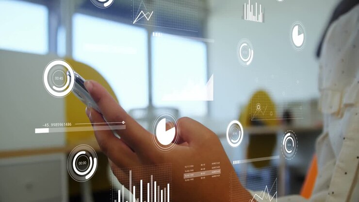 Animation of data processing and scope scanning over biracial businesswoman using smartphone