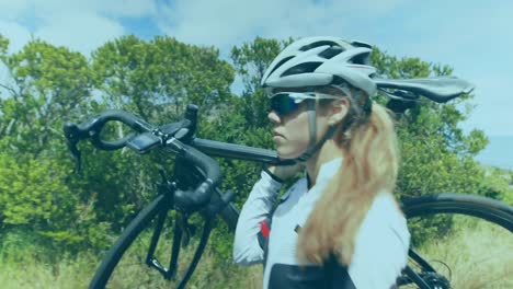 animation of shapes over caucasian woman cycling