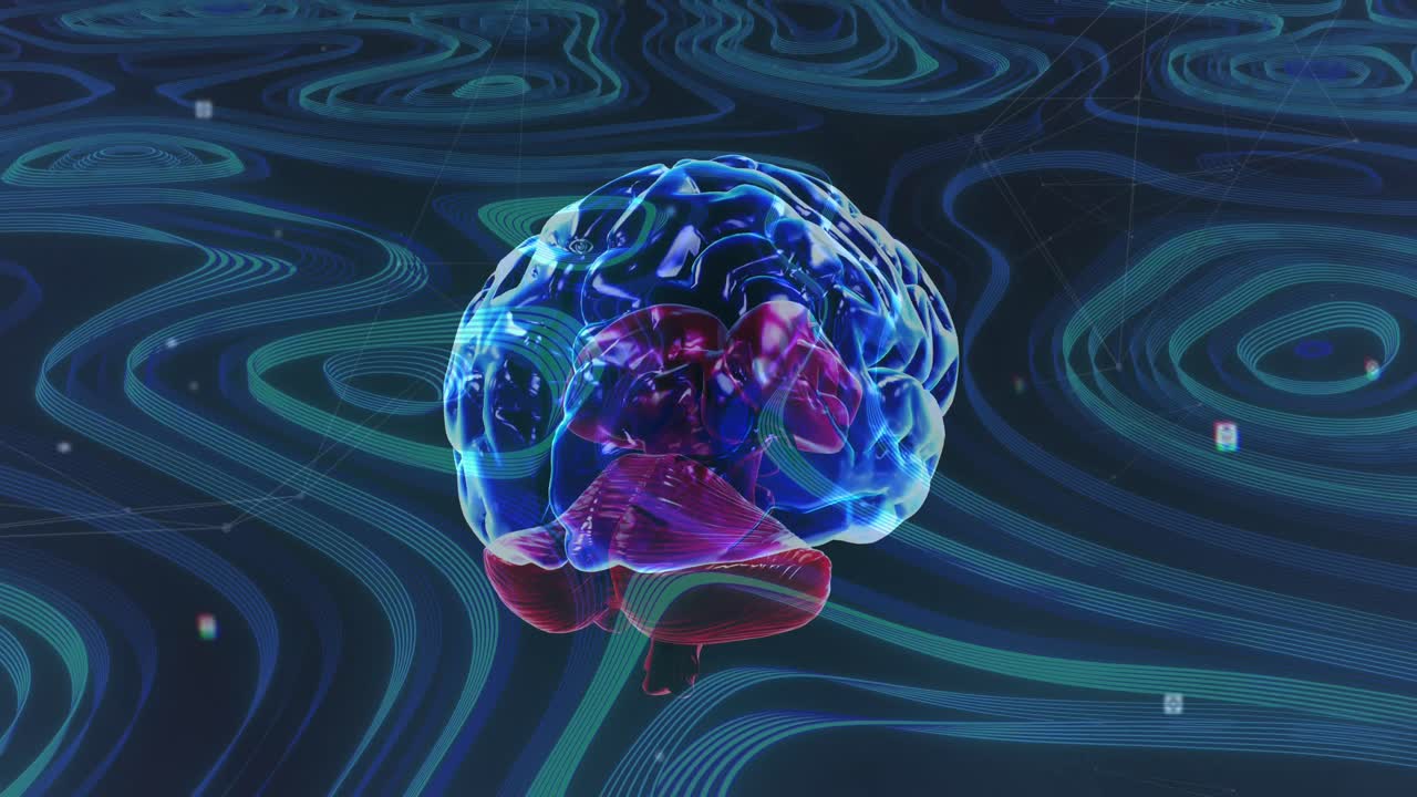 Animation of transparent blue brain rotating on green background with flashing points of light