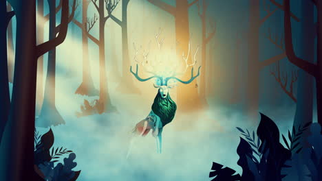 Loop-animation-of-deer-with-glowing-horns-in-a-mystical-forest