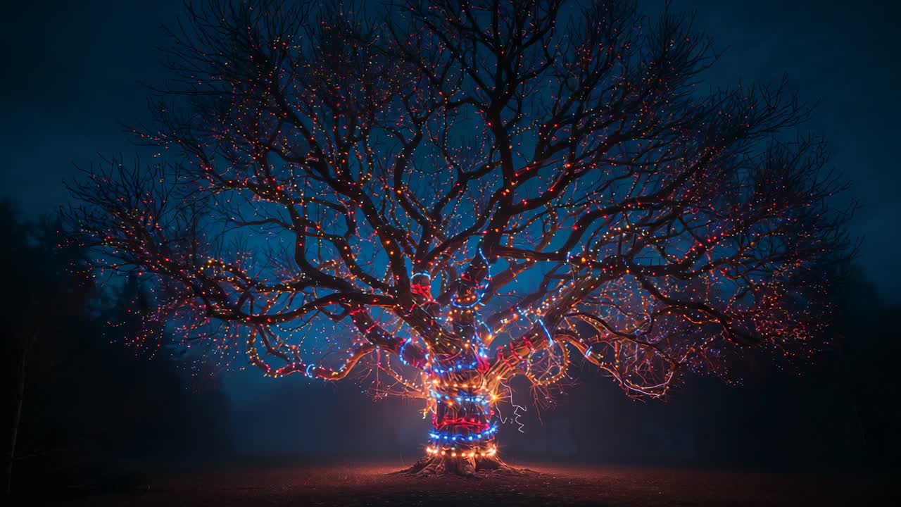Lights pulsing in opening frames around leafless tree in foggy clearing, celebrating holiday spirit