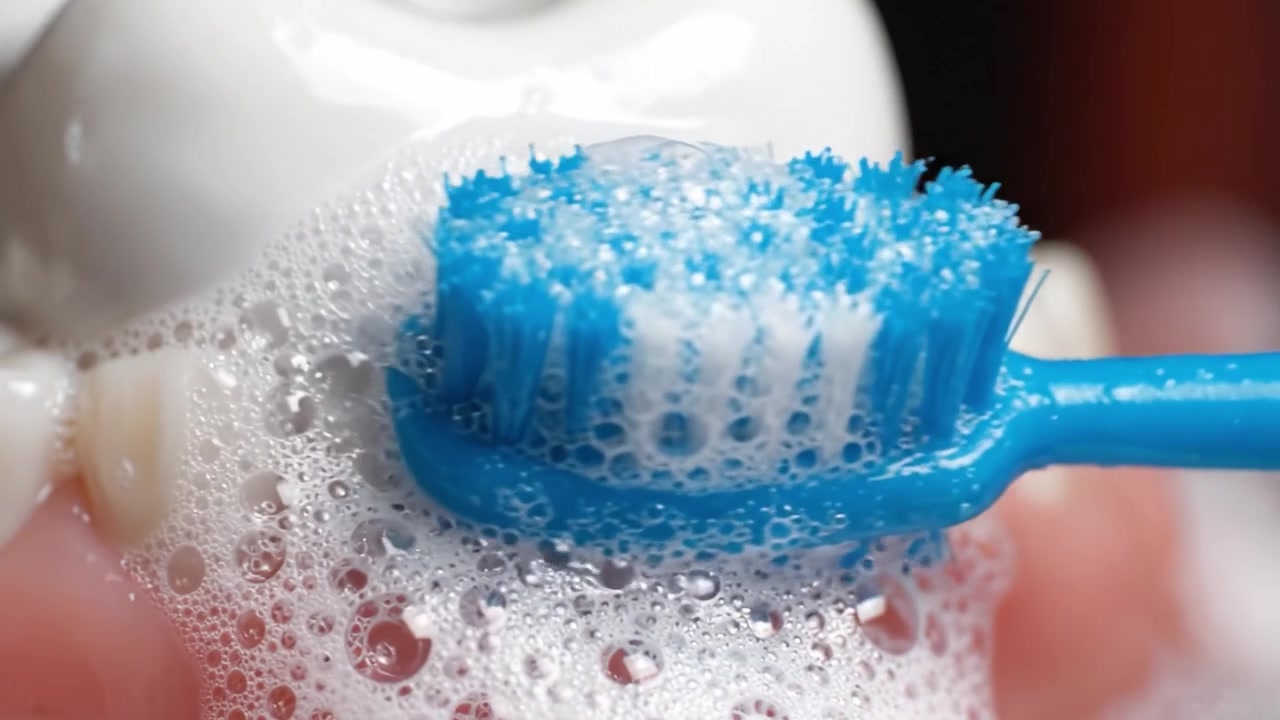 Demostrando técnicas adecuadas de higiene bucal: primer plano de un cepillo de dientes frotando suavemente modelos dentales con espuma para una limpieza efectiva y eliminación de placa