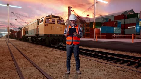 full body of asian male engineer with safety helmet working on a tablet while standing with freight cargo train at port