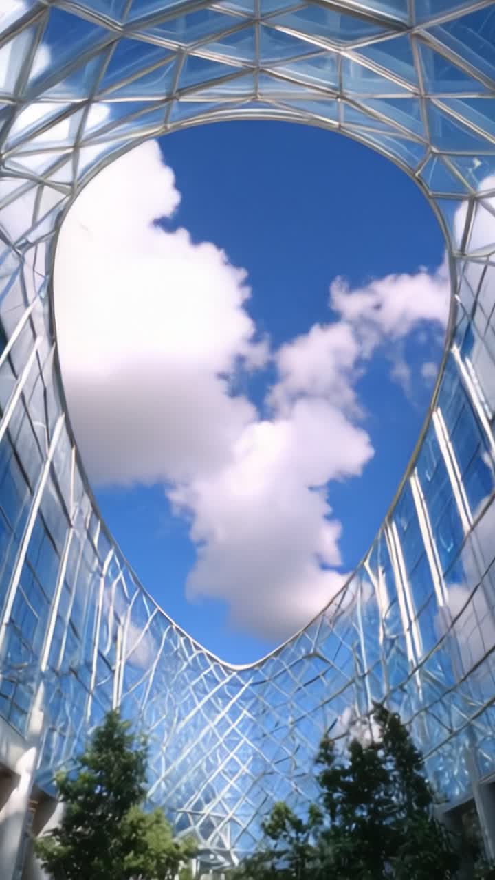 Una vista maestosa di un cielo azzurro limpido con nuvole soffici, incorniciata da una struttura di vetro futuristica e una vegetazione lussureggiante sottostante, creando un'atmosfera aperta e invitante.