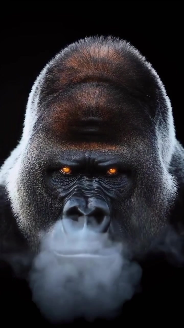 Possente gorilla con occhi arancioni incandescenti che emette fumo