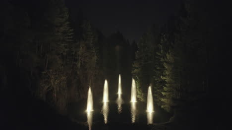 Wide-shot-of-a-color-changing-Fountain-on-lake-surrounded-by-forest,-Tilt-down,-Night