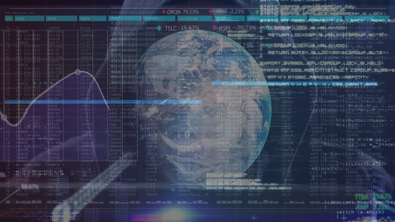 Stock market data processing over spinning globe over screen against male hacker using computer