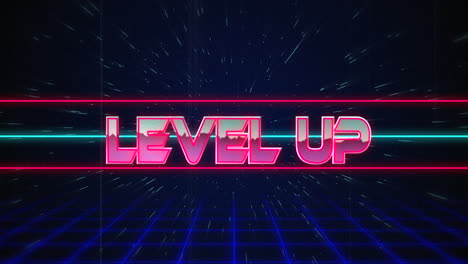 retro level up text glitching over blue and red lines 4k
