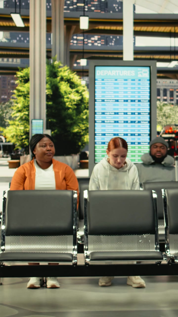 Crowd of travelers in modern station hall waiting for interstate departures