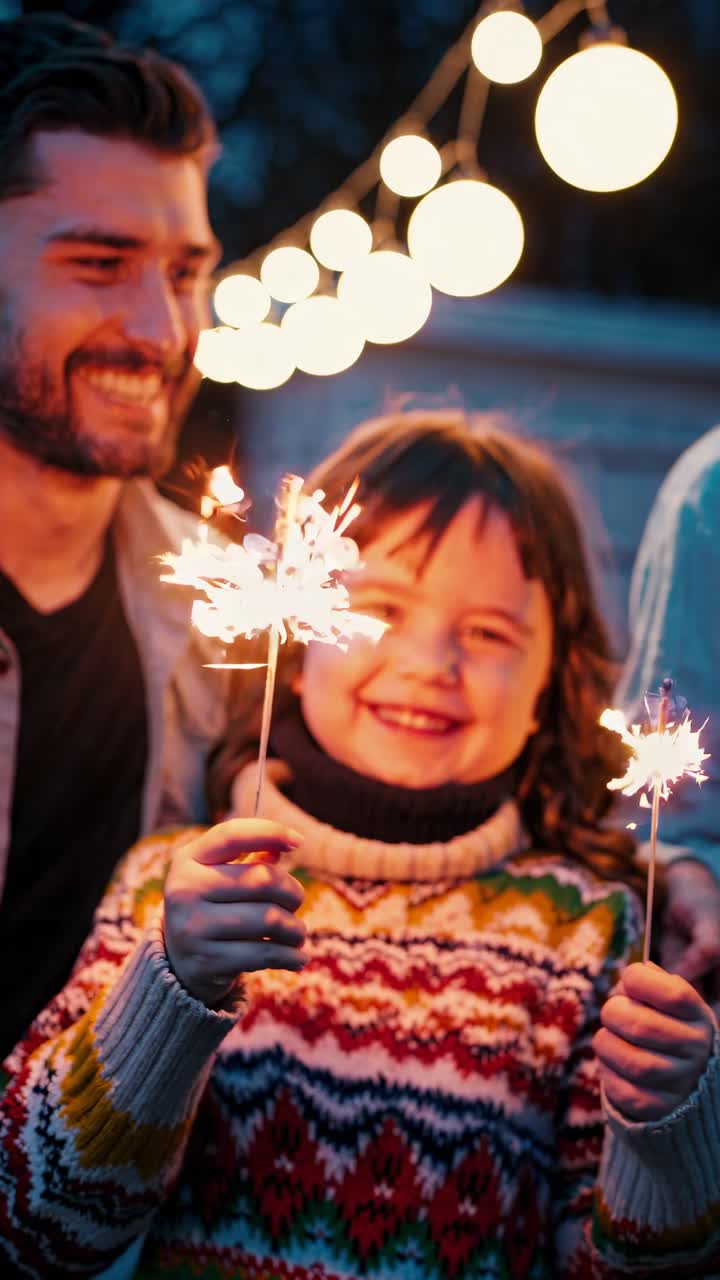 Un bambino felice che tiene in mano delle stelline scintillanti, sorridendo con un adulto, sotto luci festive
