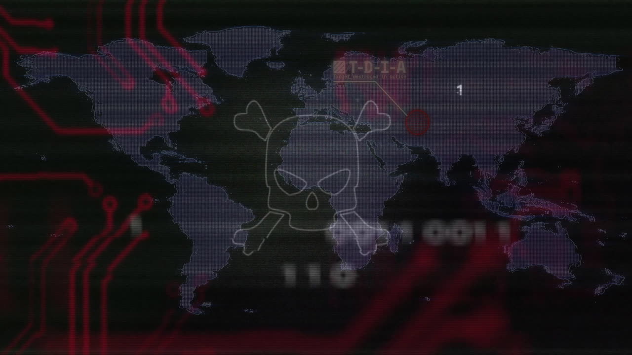 Animation of digital skull and binary code overlaying world map with red region