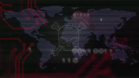 animation of digital skull and binary code overlaying world map with red region