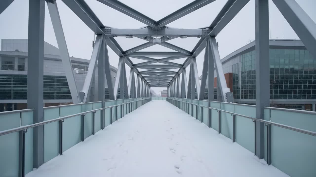 Ponte pedonale vuoto coperto di neve con impronte