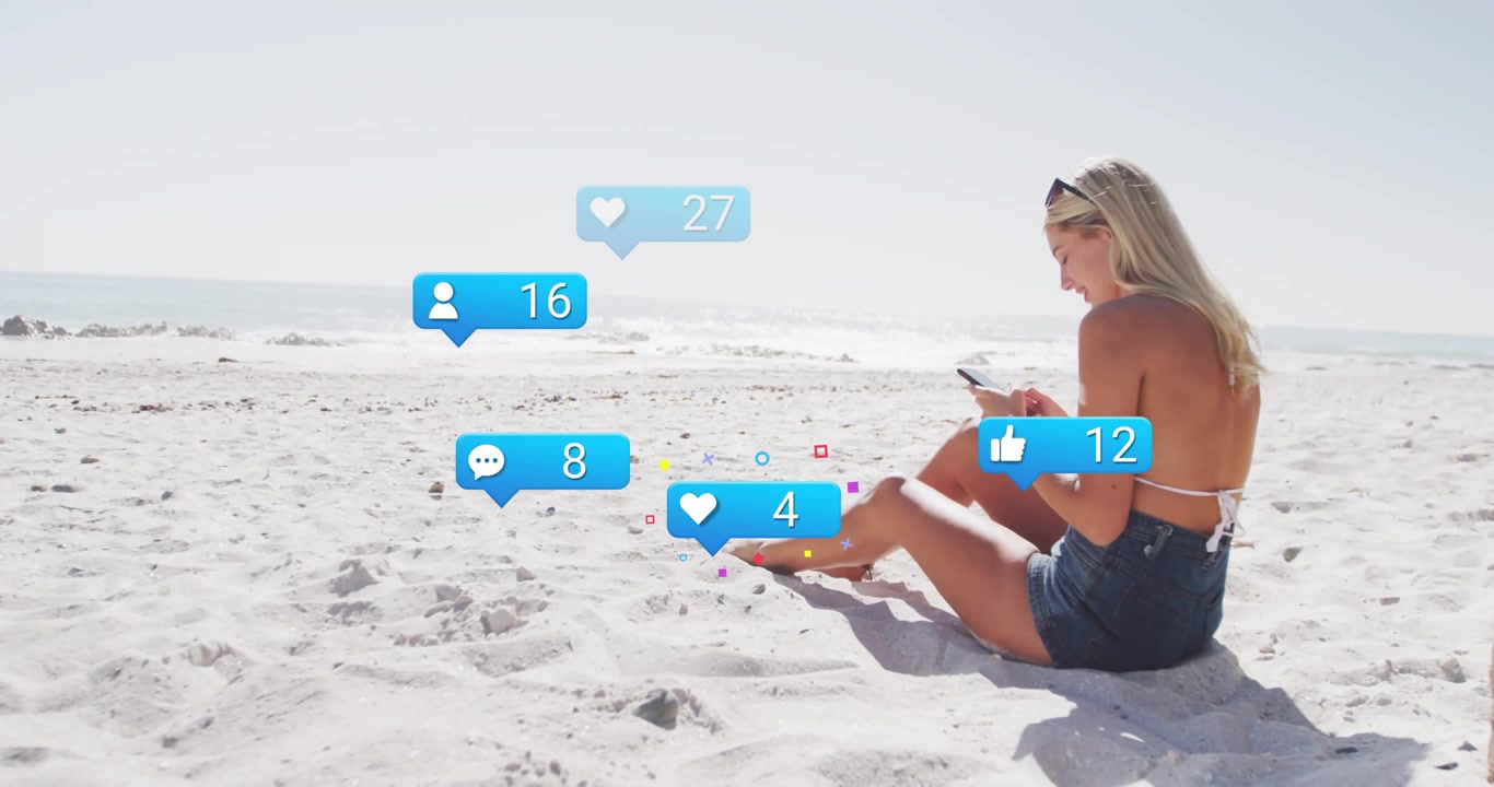 Woman on beach scrolling phone, notification bubbles appearing showing social media engagement
