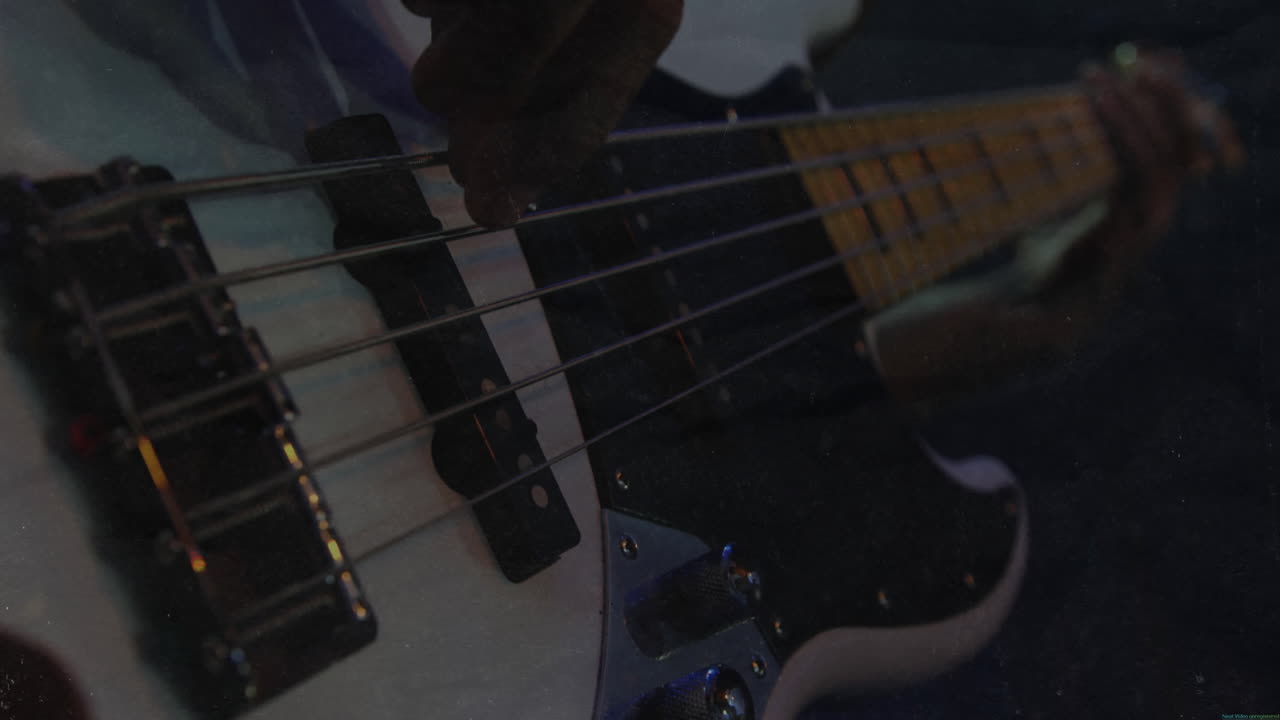 Bassist plucking metal strings under moody stage lighting, with animated EQ bars and music data