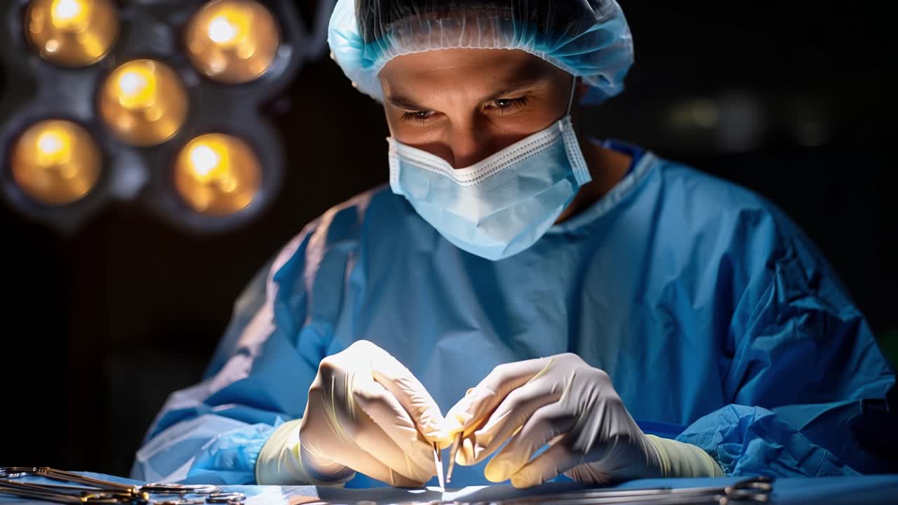 En fokuseret kirurgs rolige hænder udfører en delikat procedure. Klare operationslamper kaster et blødt skær over det sterile felt. Den dedikerede professionelle bærer maske, handsker og kirurgisk hue.