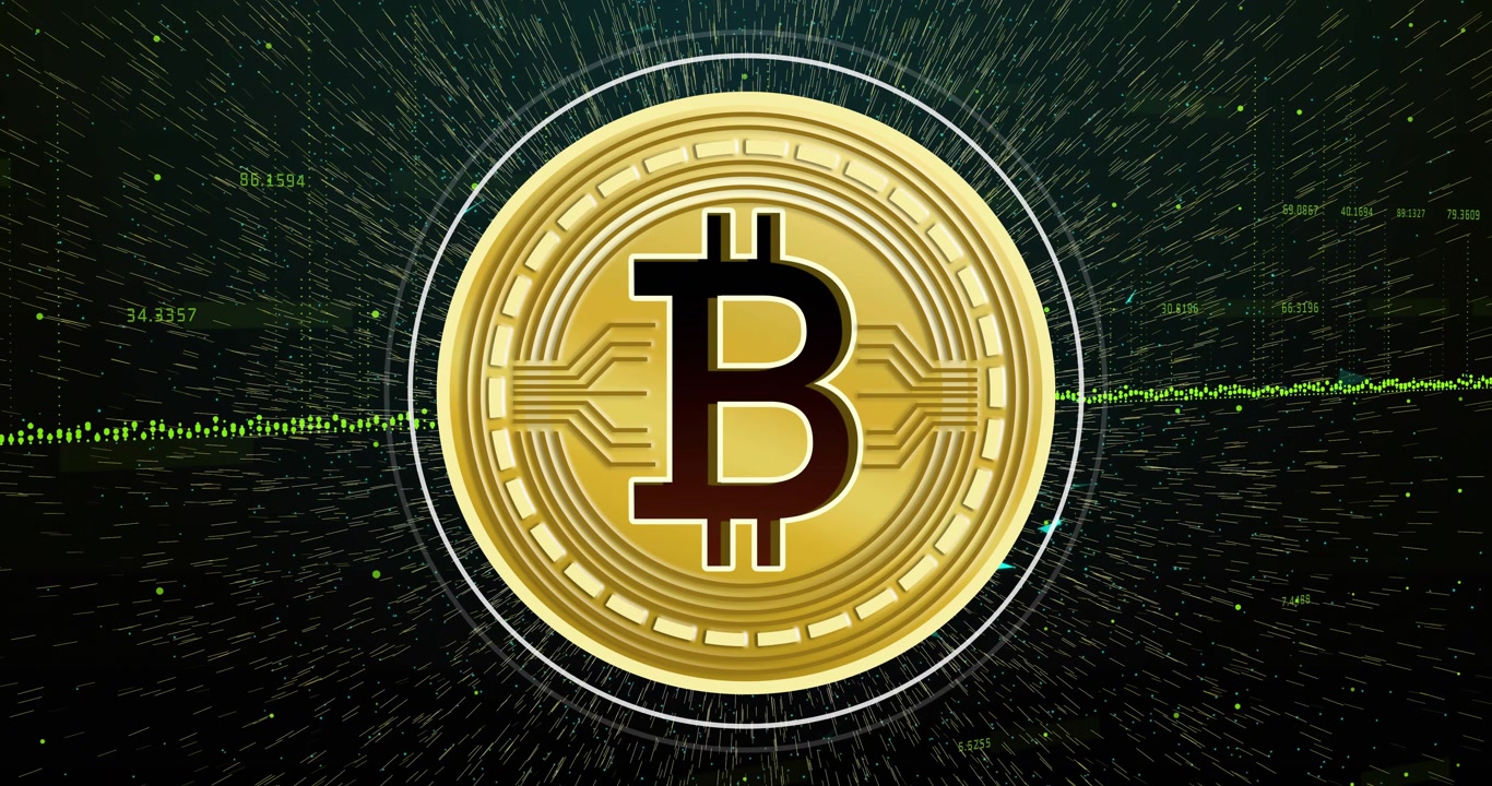 Glowing teal energy sphere collapsing, gold Bitcoin coin scaling and rotating, showing market data