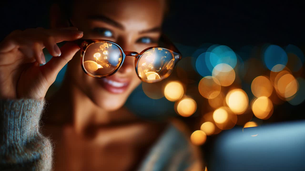 Captivating Evening Glow: A Young Woman in Stylish Glasses Enjoys the Charm of Soft Bokeh Lights as She Smiles, Enveloped in a Warm and Inviting Atmosphere of Nighttime Peace