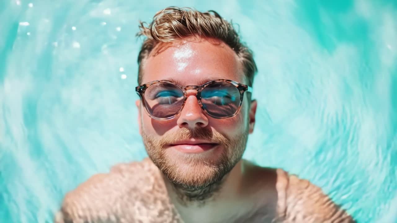Aerial close-up of a man in sunglasses floating in a pool, capturing a serene summer vibe