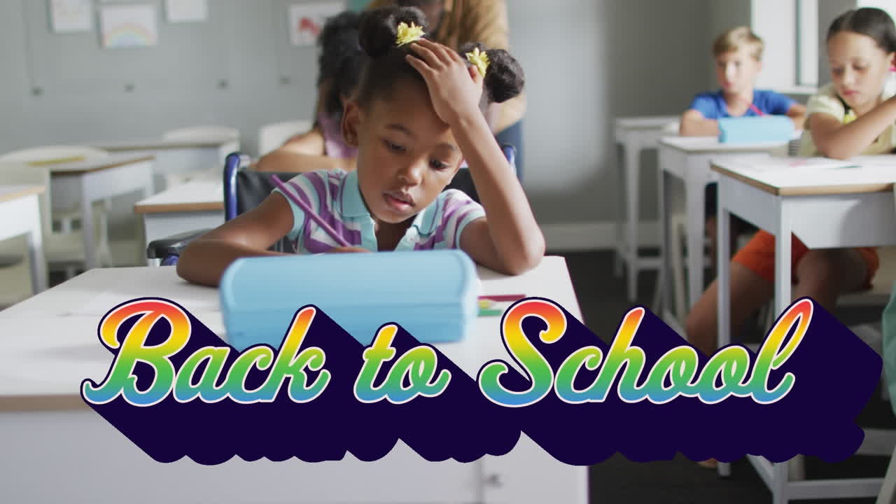 Animation of back to school text over diverse school kids at school