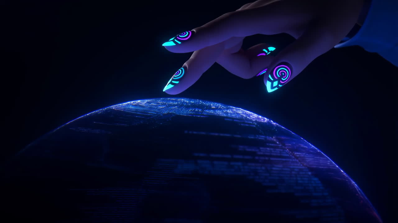 Futuristic Hand with Glowing Nails Interacting with a Digital Orb