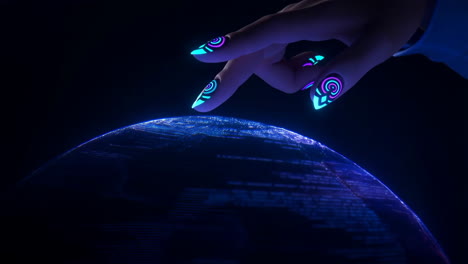 futuristic hand with glowing nails interacting with a digital orb