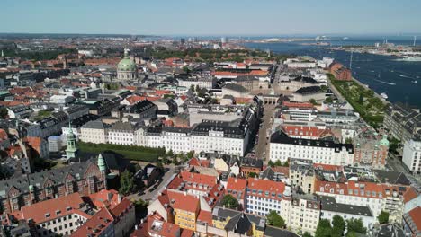 copenhagen city aerial pan, marble church, amalienborg, denmark