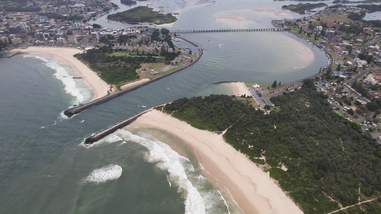 Entrance To Coolongolook River With Spanning Road Bridge Near Forster And Tuncurry In New South Wales, Australia. aerial shot