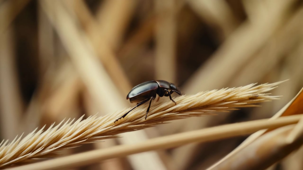 Close-up of a small black beetle moving along a dry wheat stalk, with blurred cereal stems behind it and warm natural light creating a calm agricultural scene