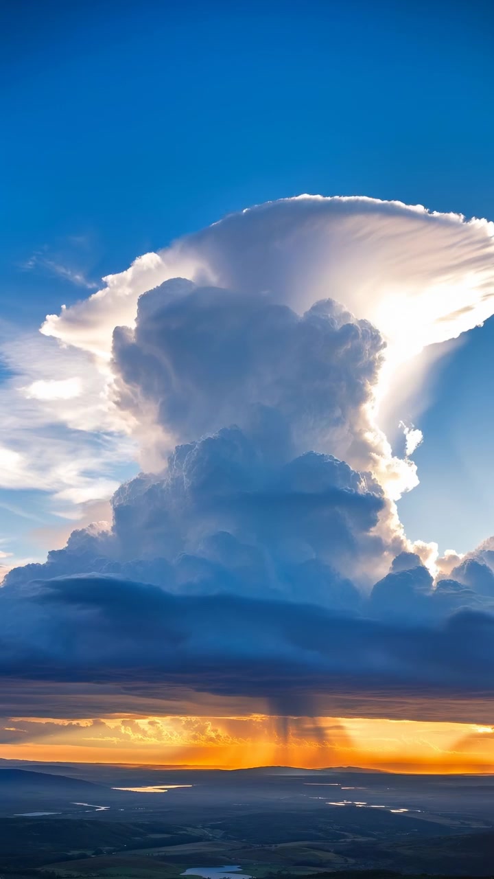 Una formazione nuvolosa stratificata cambia forma sotto un cielo blu chiaro, con una retroilluminazione brillante, bande nuvolose inferiori scure, pioggia visibile e colori del tramonto su un terreno distante.