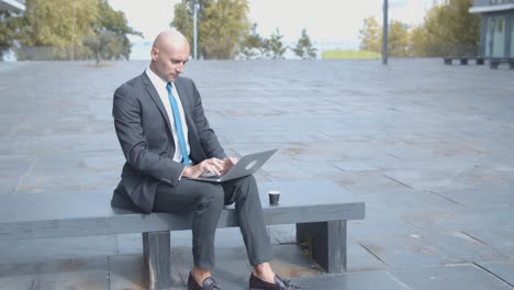 focused bald businessman typing on laptop while sitting on bench with takeaway coffee cup