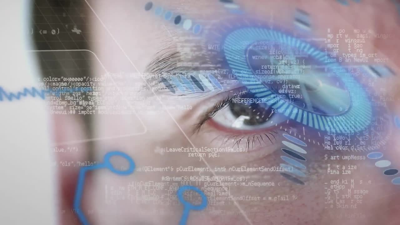 Animation of scope scanning and data processing over man's eye in background