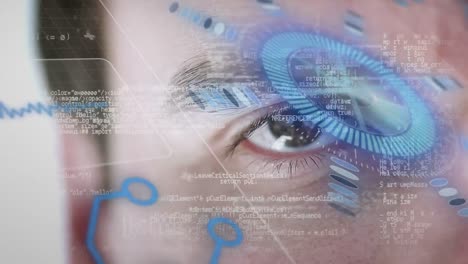 Animation of scope scanning and data processing over man&#039;s eye in background