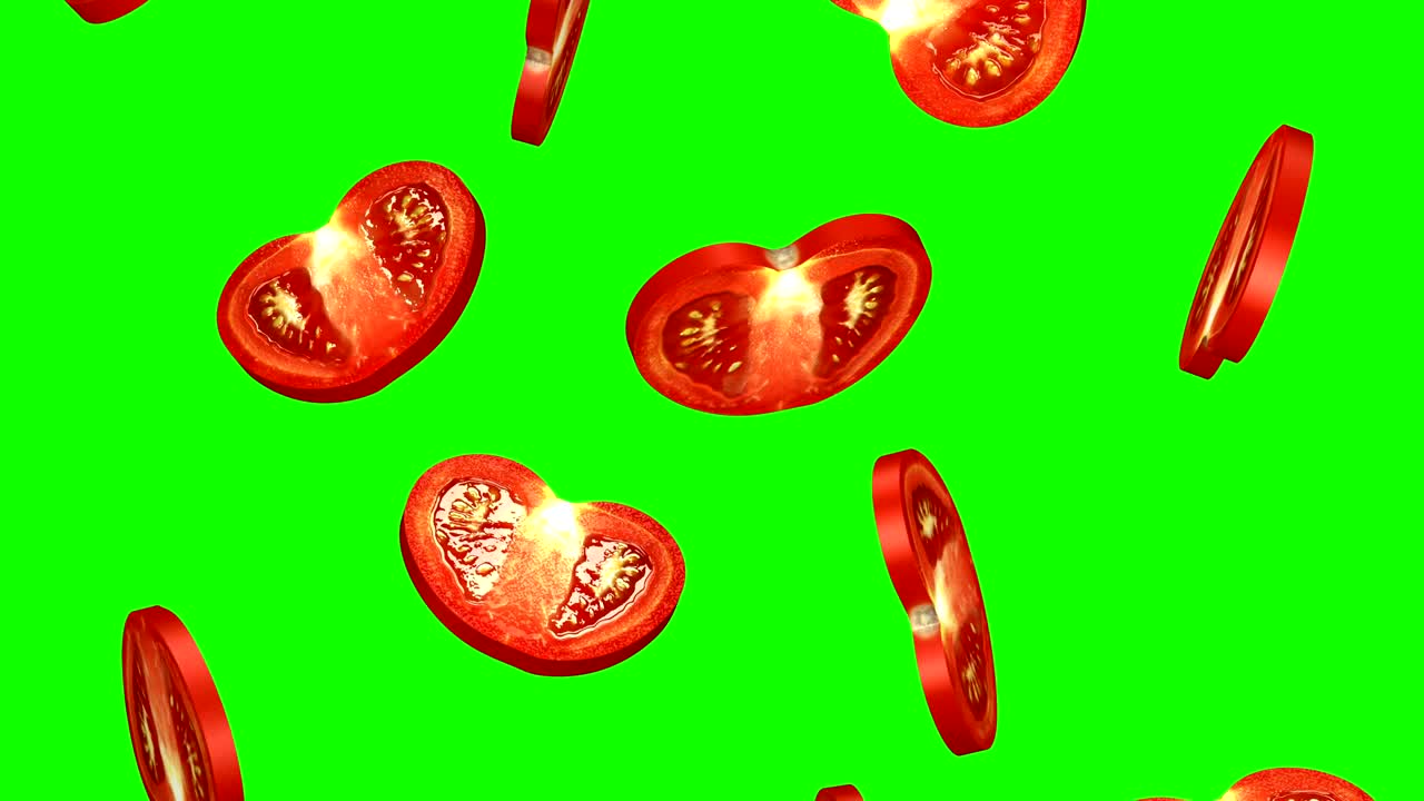 녹색 스크린에 떨어지는 토마토의 둥근 조각, 이없는 루프 (cg)