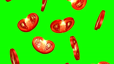 round slices of tomato falling on green screen, seamless loop, cg