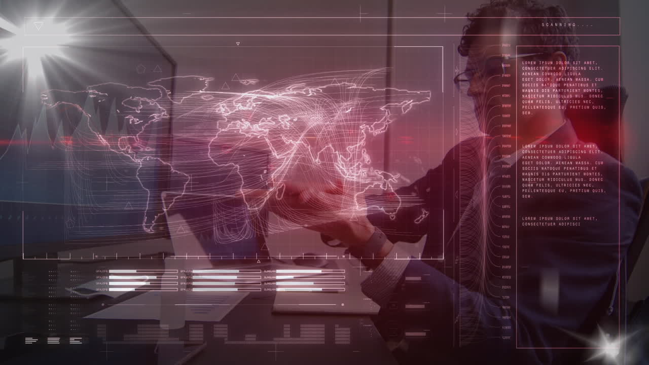 animación de pantalla digital con mapa del mundo sobre ingeniero caucásico usando computadora