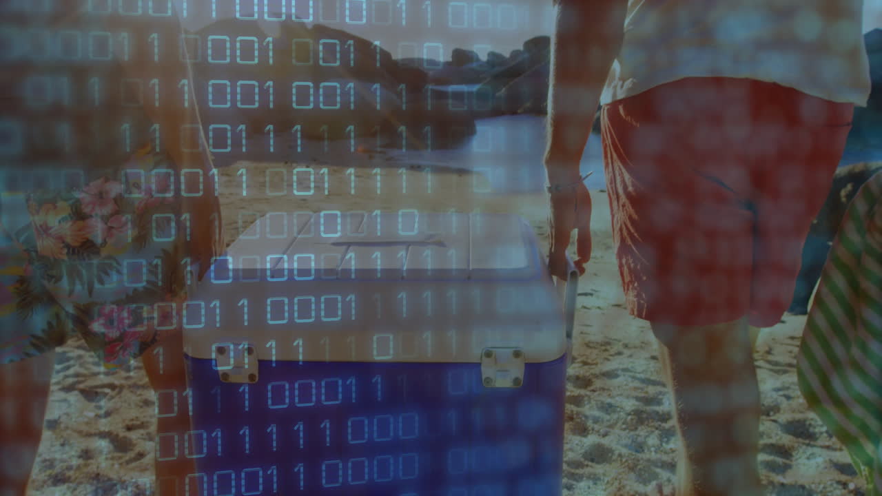 Binary code animation over people carrying cooler on sandy beach
