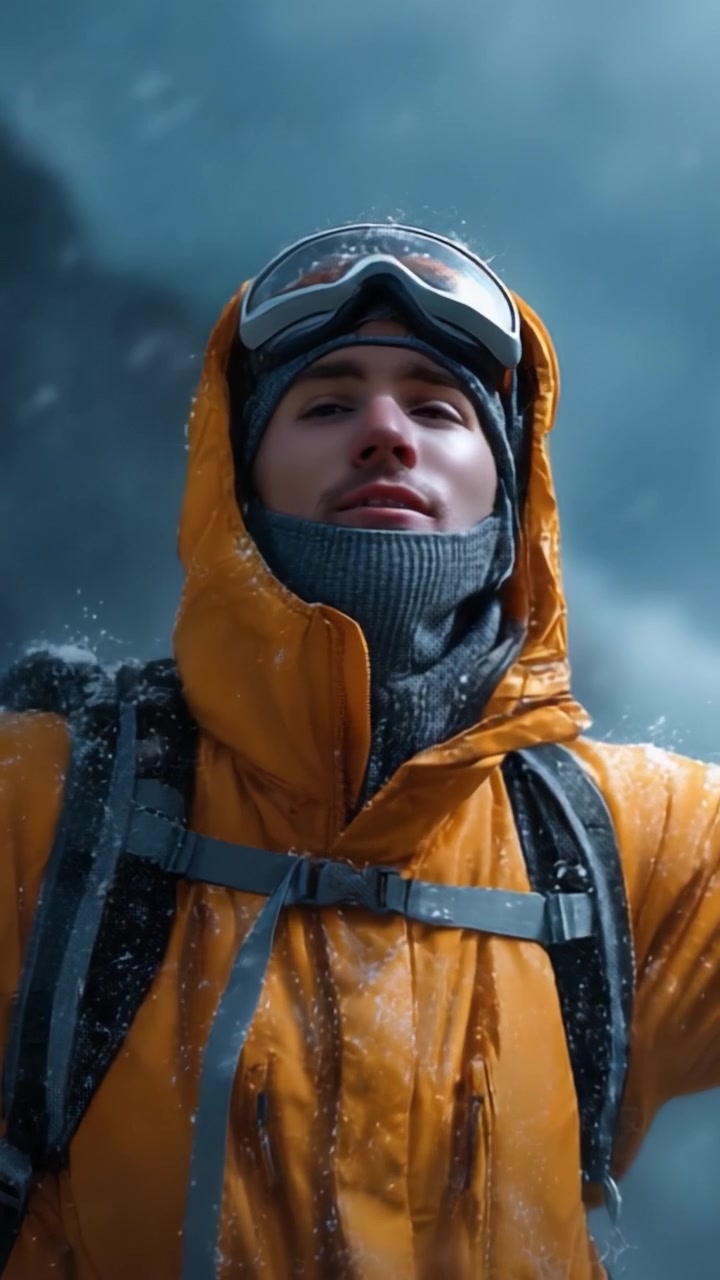 Un alpinista con una giacca arancione brillante circondato dalla neve, che emana determinazione e avventura, catturando lo spirito dell'esplorazione invernale e della resilienza.