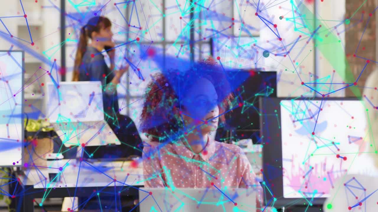 Standing woman on phone speaking call activating overlay connecting monitors walking aligning team