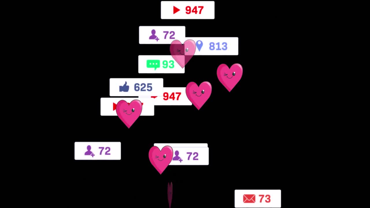 검은 바탕 위의 심장과 소셜 미디어 반응의 애니메이션
