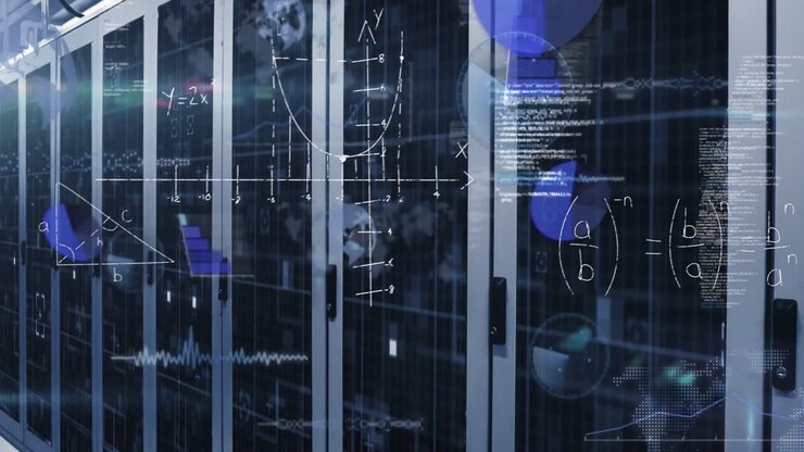 Animation of statistical data processing ,mathematical equations and light spot over server room