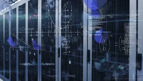 animation of statistical data processing ,mathematical equations and light spot over server room